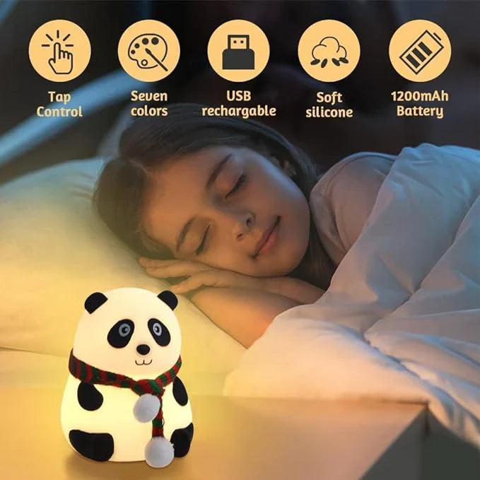 Cute Panda LED Night Light | 7-Color Touch Glow | Rechargeable Silicone Lamp.